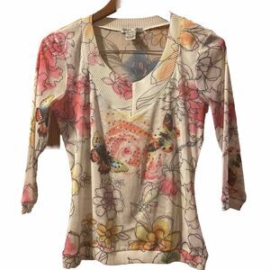Alberto Makali size S y2k mesh top floral butterfly bejeweled white 3/4 sleeve
